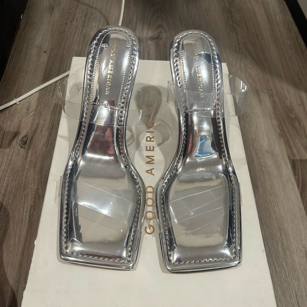 Good American Silver Heels with Square Toe and Slingback